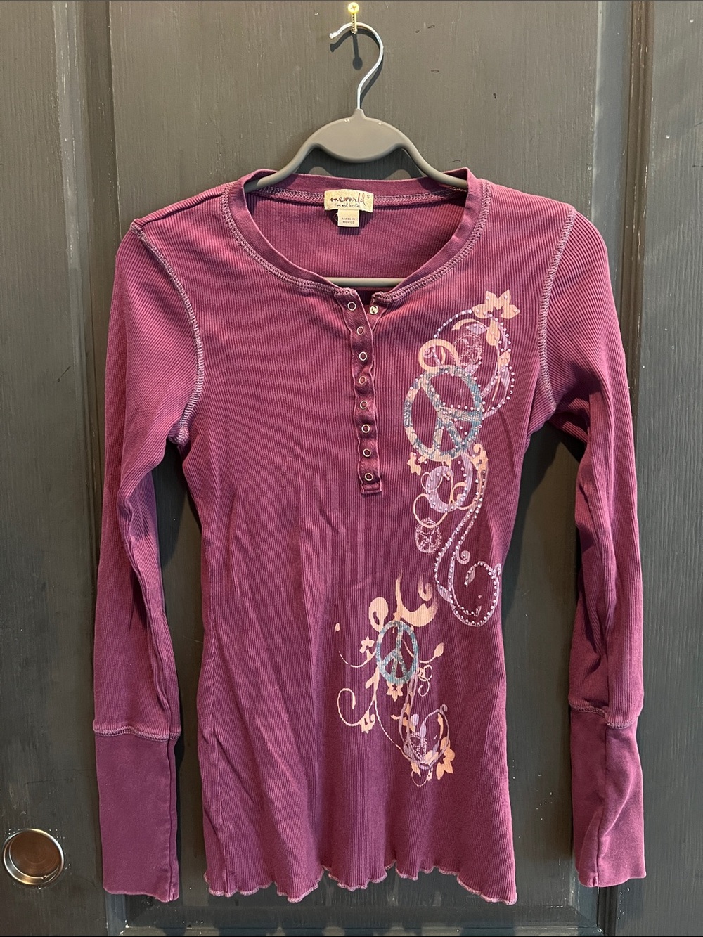 ONE WORLD Plum Long Sleeve Henley with Peace Sign Graphic